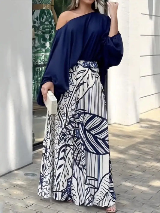 Off-shoulder Top and Printed Wide Leg Two Piece Pants Set