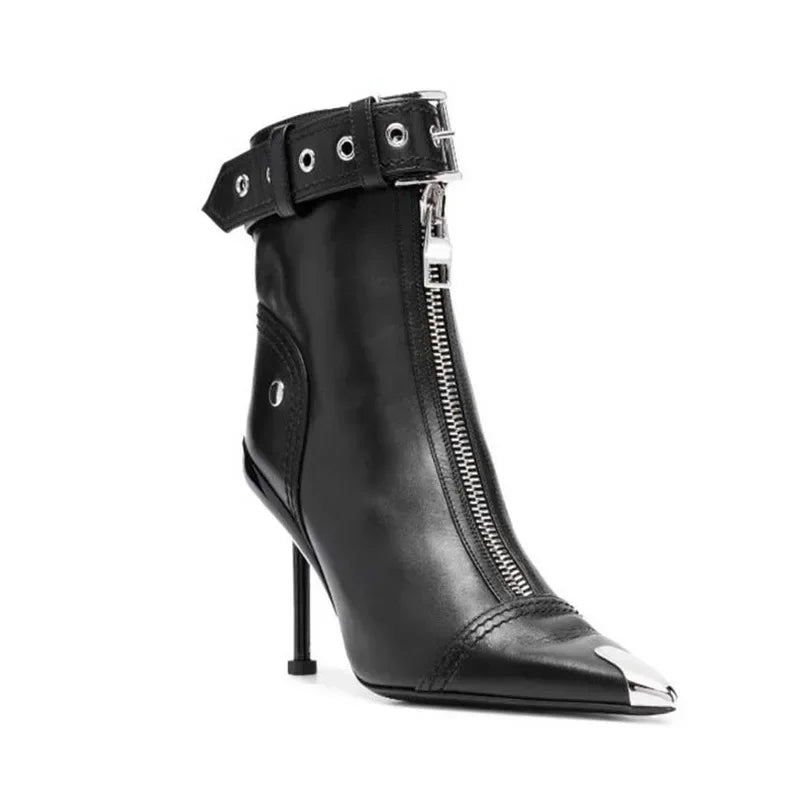 Belt Buckle Front Zipper Short Pointed Toe High Heels Ankle Boots