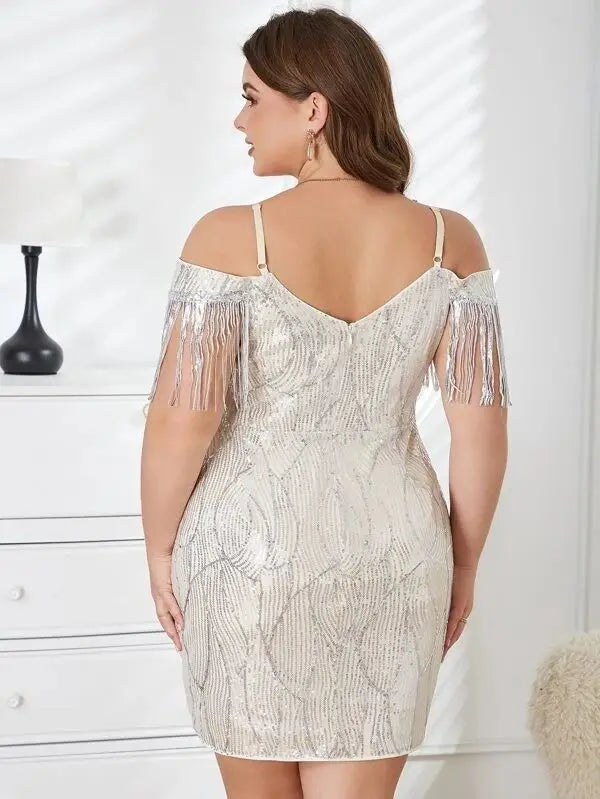Fringe Trim Sequin Bodycon Glitter Dress