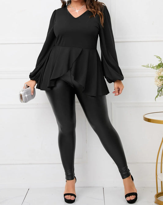 Casual Ruched Ruffle V Neck Blouse