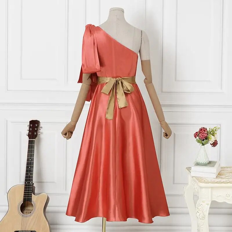 Off Shoulder Satin Belted Sleeveless Dress