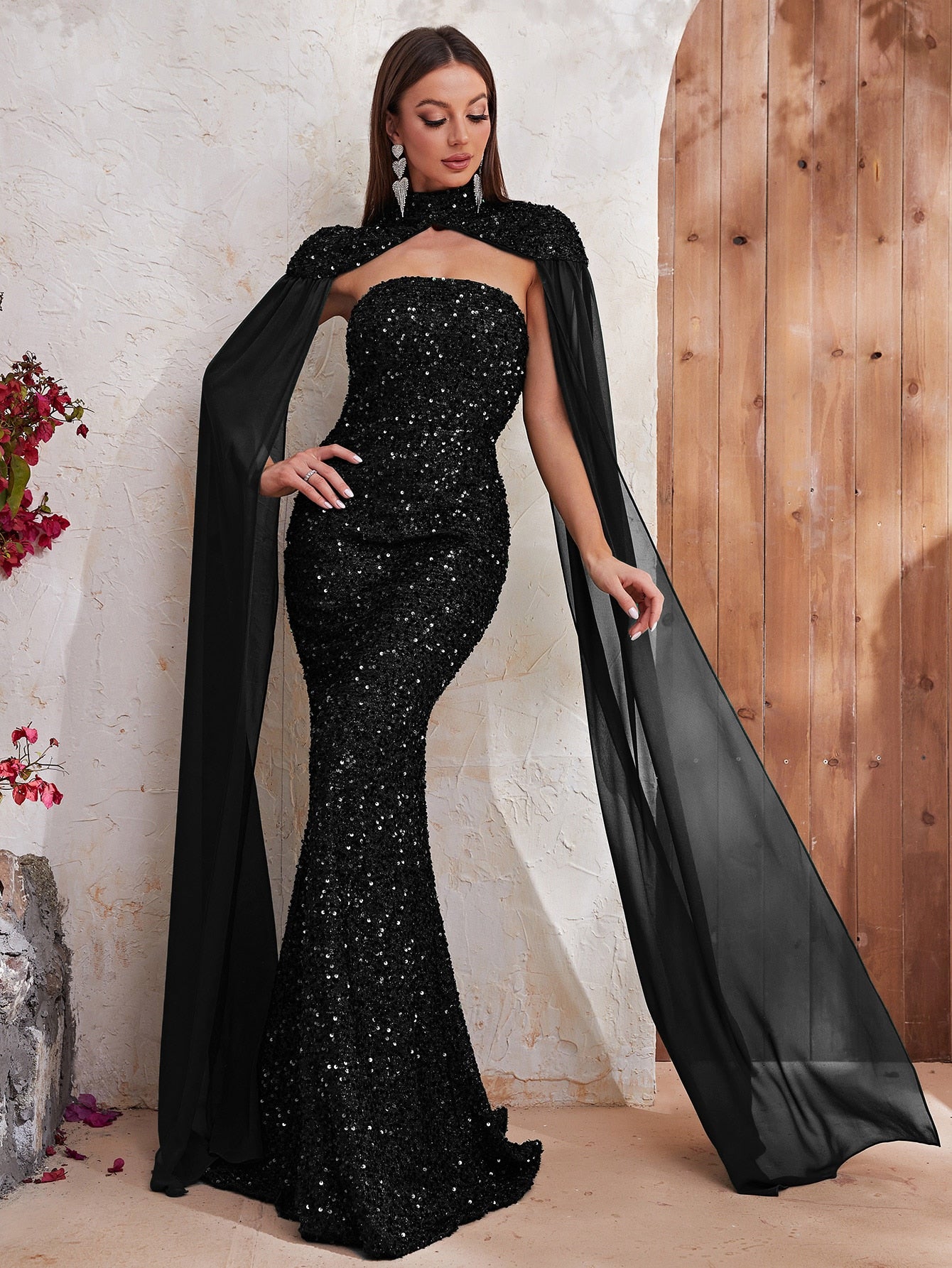 Shawl Sleeve Mock Neck Sequin Evening Dress