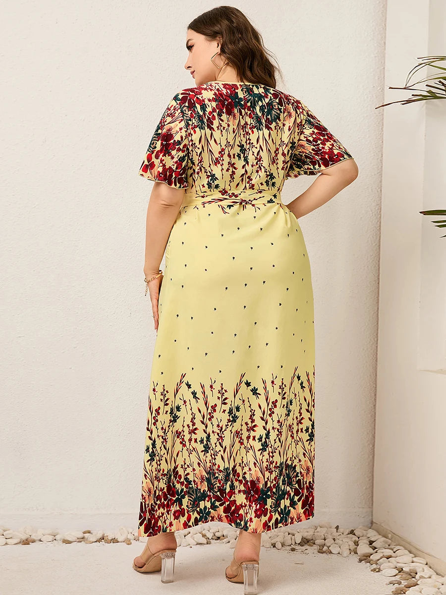 V Neck Short Sleeve Floral Print Boho Maxi Dress