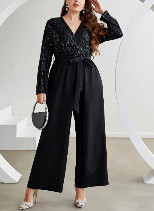 Lace-up V-neck Sequin  Jumpsuit