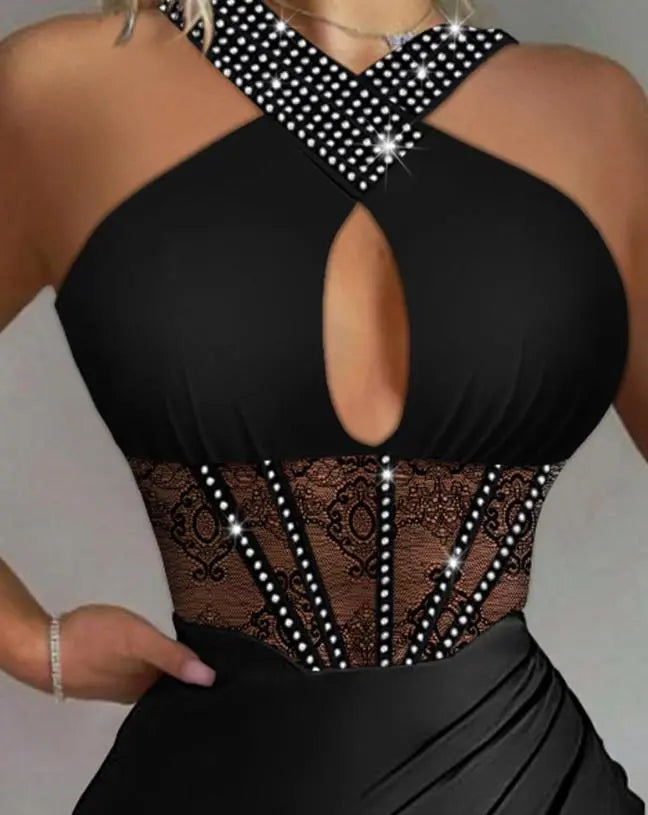 Rhinestone Ruched High Slit Contrast Lace Corset Halter Dress