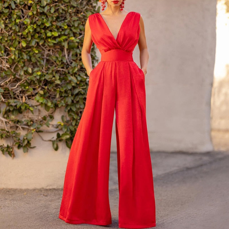 Elegant Deep V-neck Pleated High Waist Long Jumpsuit With Pockets