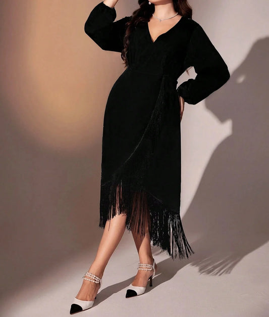 Casual Long Sleeve Surplice V Neck Fringe Trim Wrap Flowy Maxi Dress