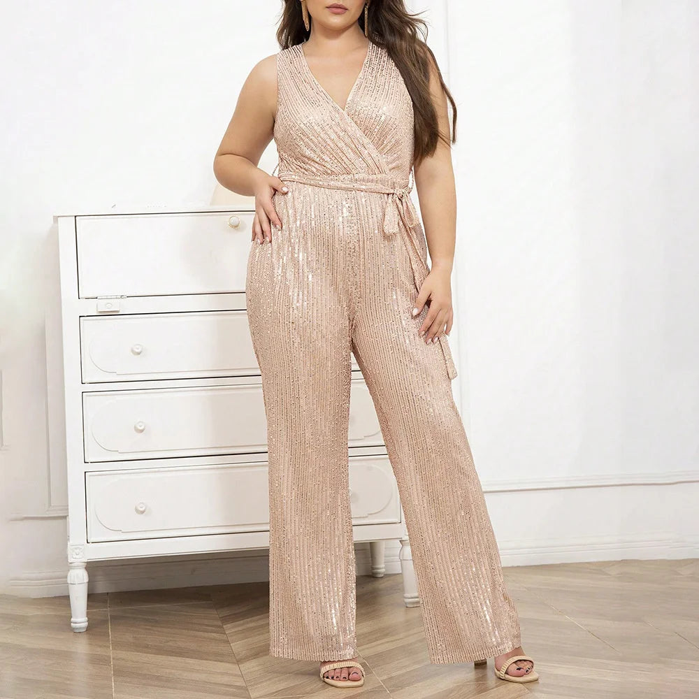 Sequins V-neck Sleeveless Jumpsuit With Sash