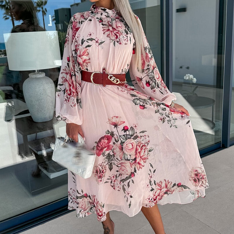 Bohemian Floral Print Casual O-Neck Long Sleeve Pleated Chiffon Dress With Belt