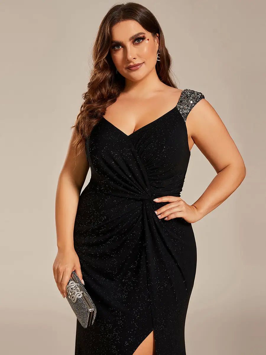 V-neck Sleeveless Split Sequins Silhouette Floor-Length Dress