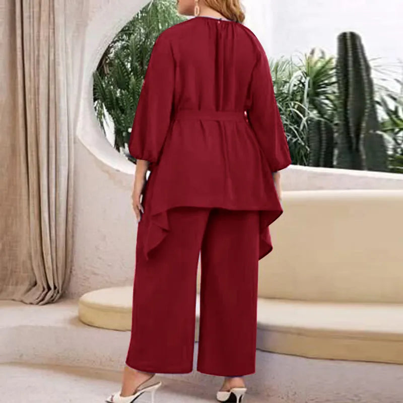 Asymmetrical Belted Blouse And Elastic Waist Wide Leg Pants Set