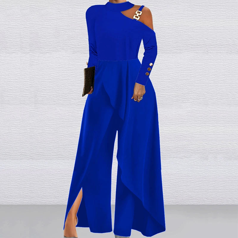 O-Neck Chain Sling Off Shoulder Long Sleeve Jumpsuit