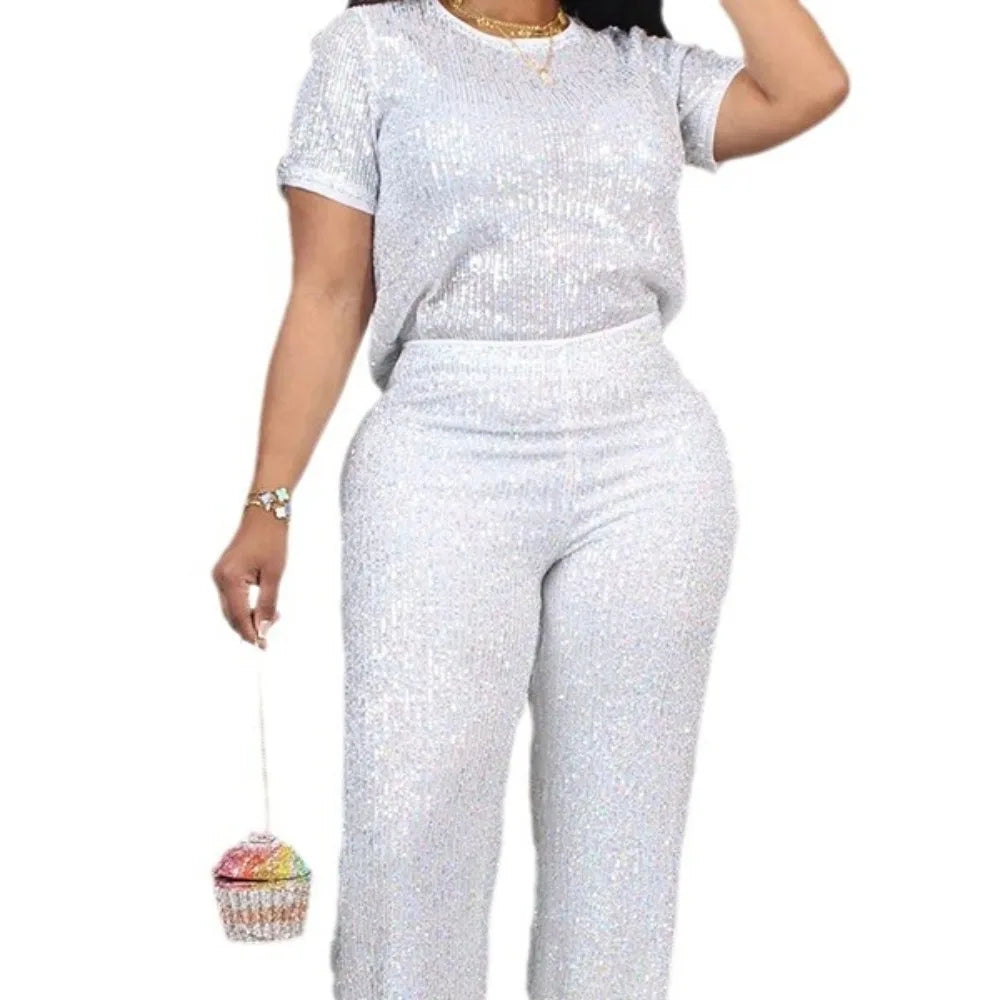 Sequin Round Neck Top And Straight Leg Pants Two Piece Set