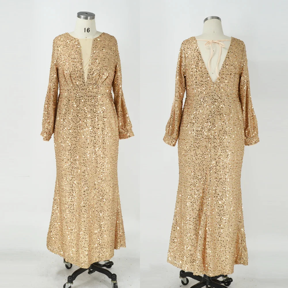 Sequins Splicing Long-sleeved V-neck Evening Dress