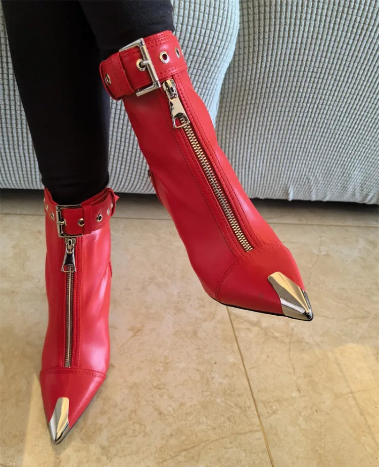 Belt Buckle Front Zipper Short Pointed Toe High Heels Ankle Boots