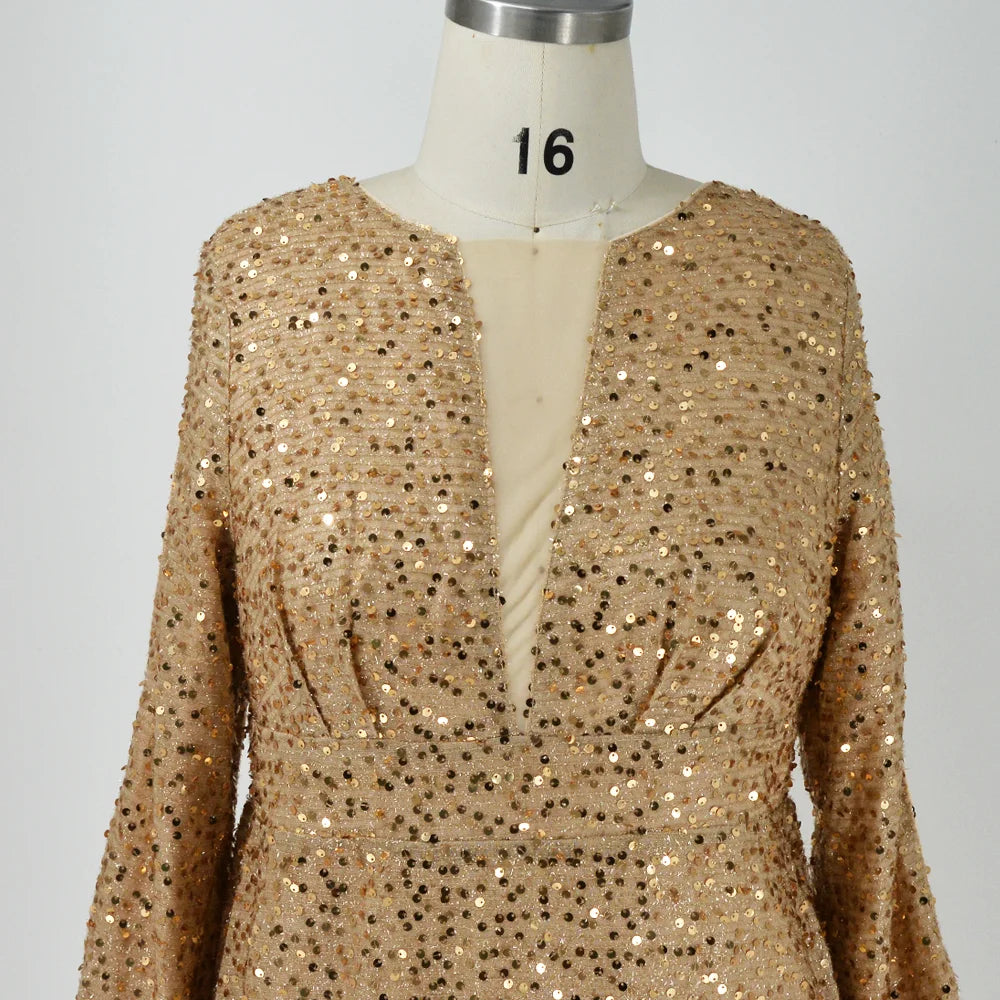 Sequins Splicing Long-sleeved V-neck Evening Dress