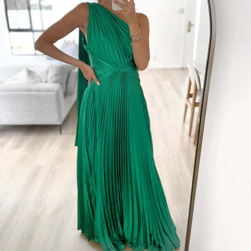 Off Shoulder Banquet Oblique Collar Pleated Maxi Dress