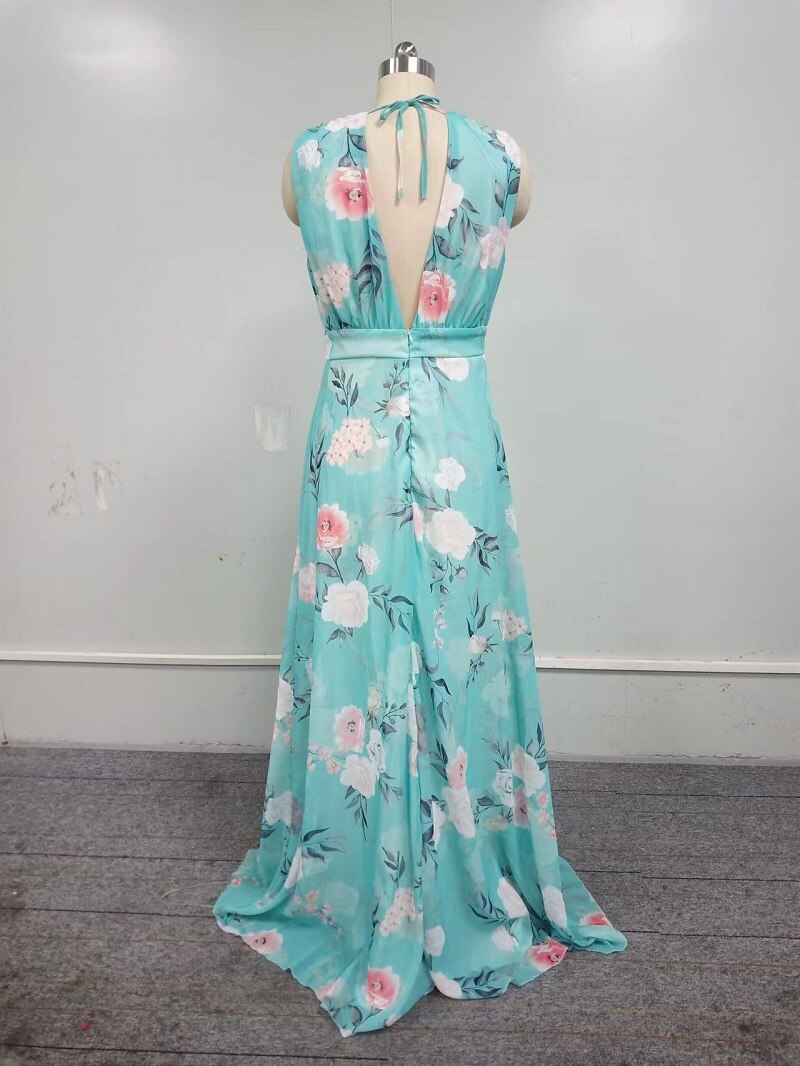 Sleeveless Floral Print Deep V Maxi Dress