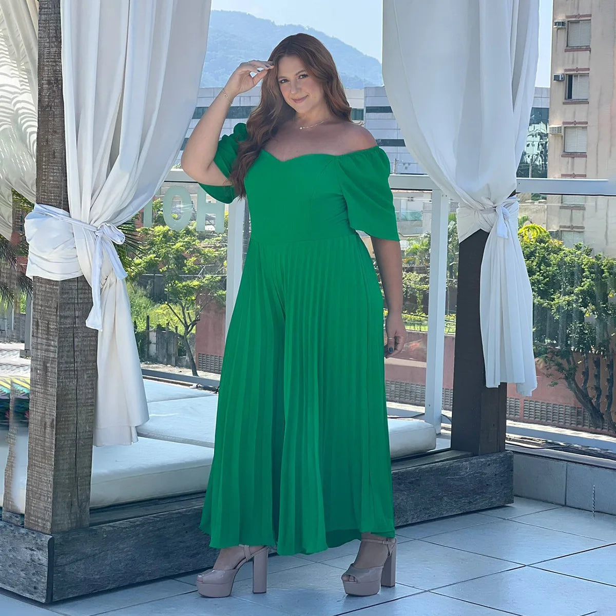 Pleated Off Shoulder One Piece Wide Leg Jumpsuit