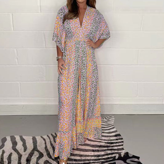 Bohemian Print V Neck Mid Waist Full Length Wide Leg Pant Jumpsuit