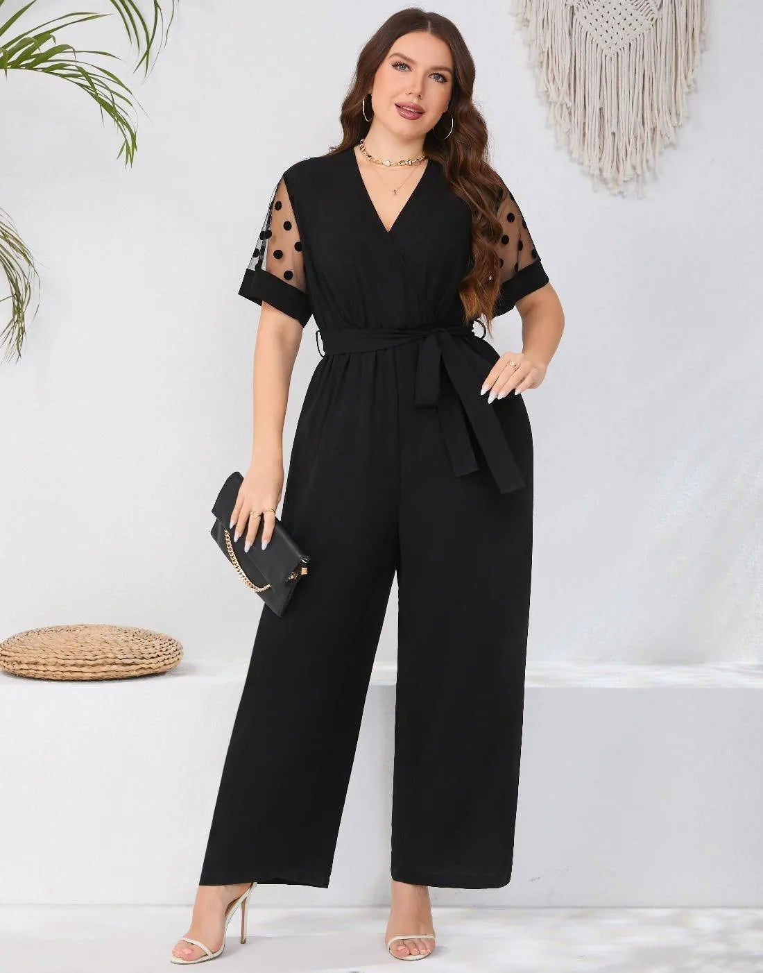 Mesh Sleeve Belted V-neck High Waist Jumpsuit