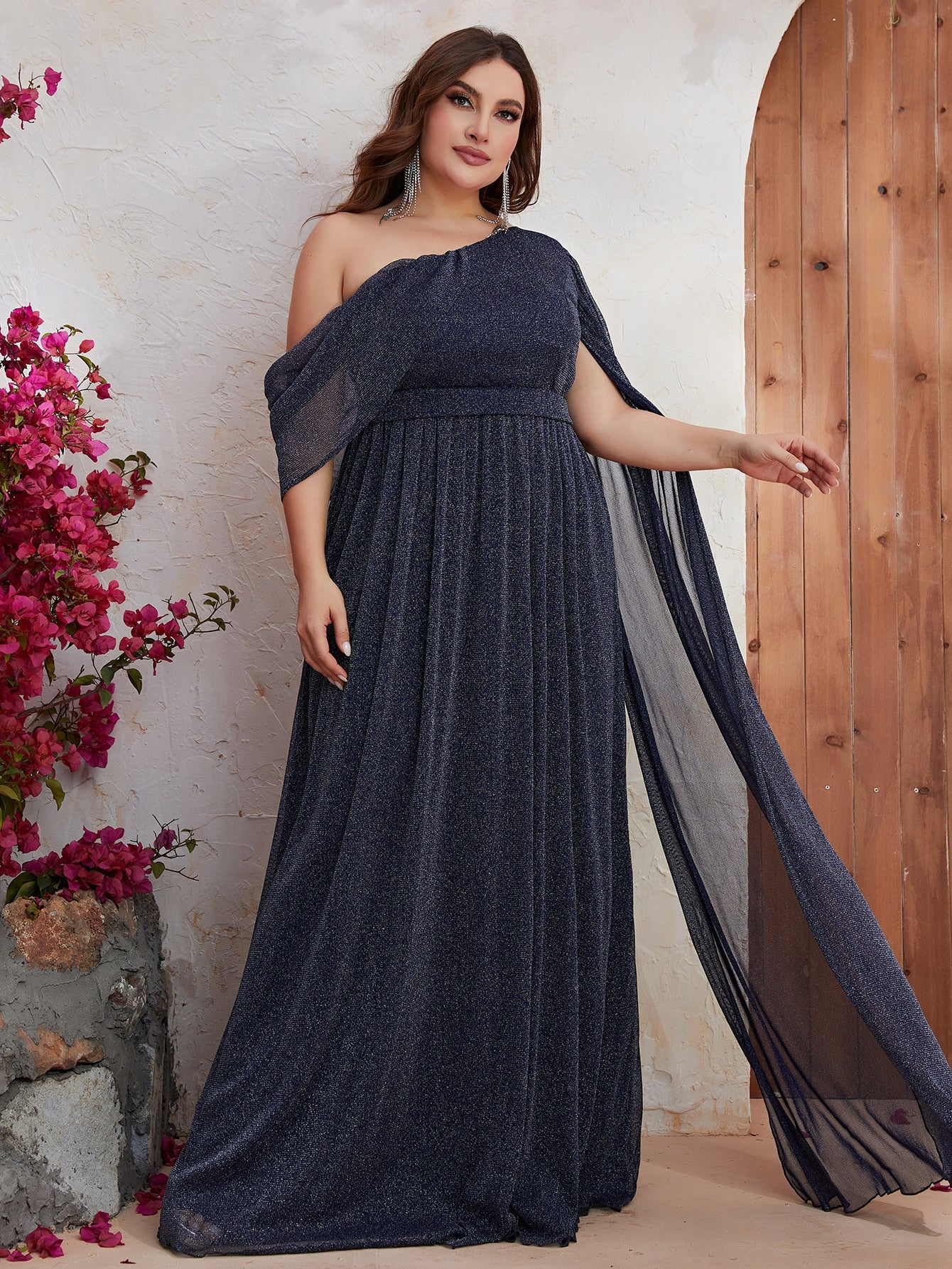 Asymmetrical Neck Shawl Sleeve Glitter Evening Dress