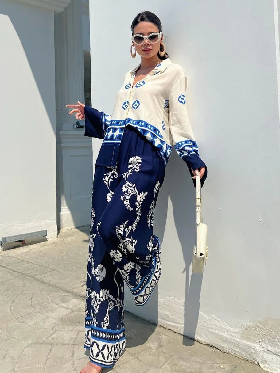 Printed Casual Long Sleeve Blouse and Wide Leg Pants Sets