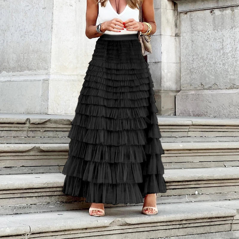 Pleated Long Ruffle Mesh Lace Maxi Style Skirt