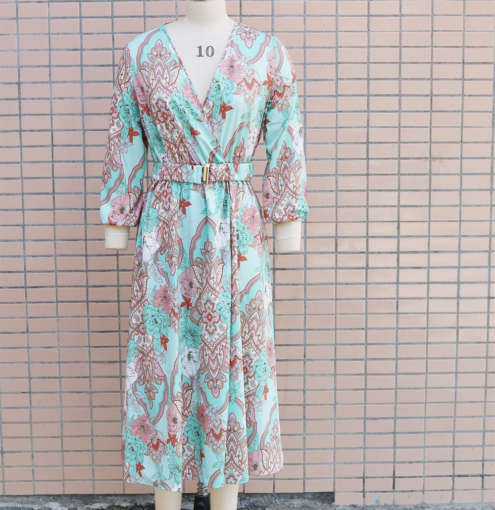 Boho Floral Print Deep V-Neck Maxi Dress with Belt