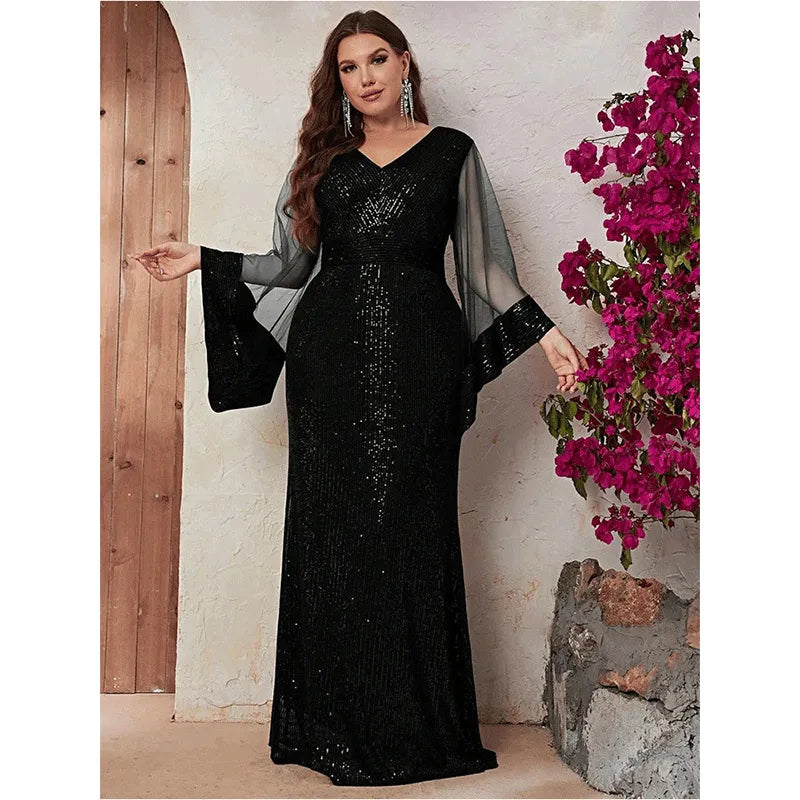 V Neck Sequin Maxi Evening Mesh Sleeve Sequin Dress