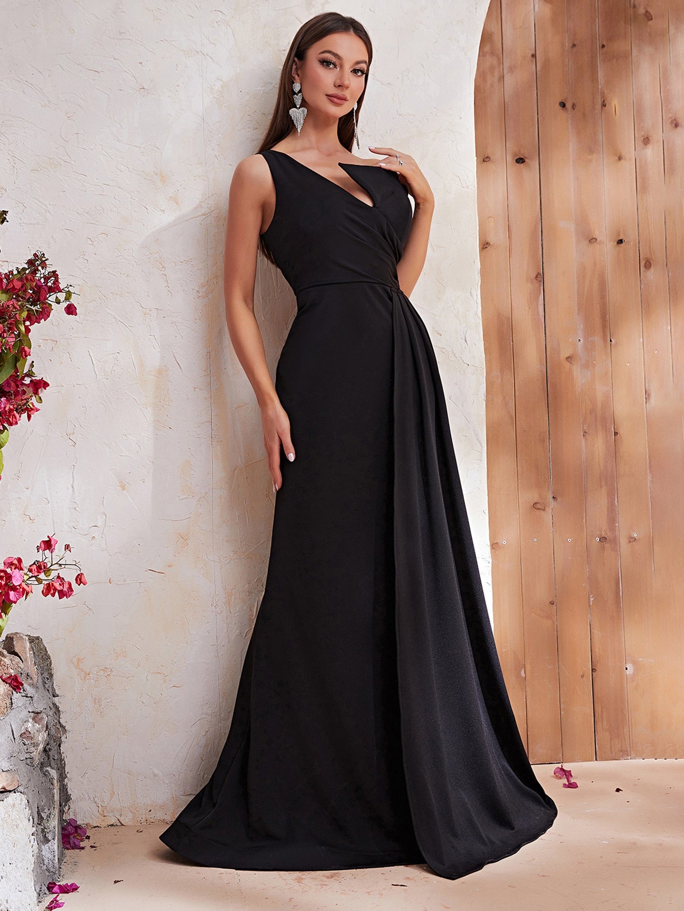 One Shoulder Wrap Hem Formal Dress