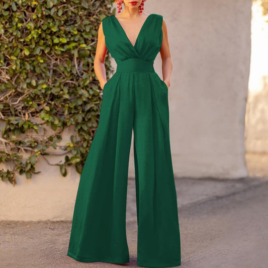 Elegant Deep V-neck Pleated High Waist Long Jumpsuit With Pockets