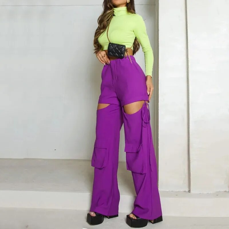Two Piece Turtleneck Solid Long Sleeve Top And Hole Pants Sets With Pockets