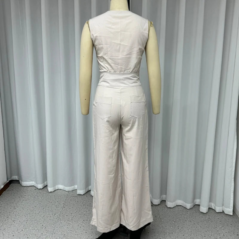 Two Piece V Neck Sleeveless Vest Top With Pockets And Wide Legs Pants Sets