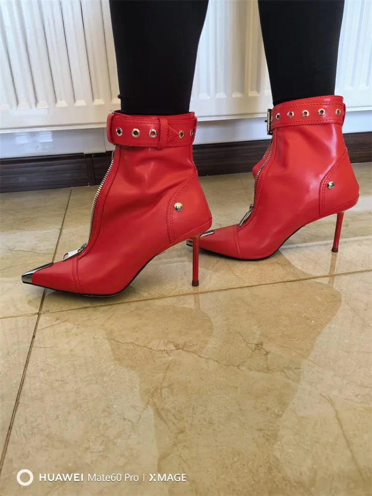 Belt Buckle Front Zipper Short Pointed Toe High Heels Ankle Boots