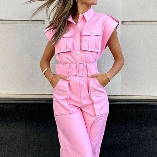 Single Breasted Button Short Sleeve Nipped Waist Wide Leg Romper With Belt