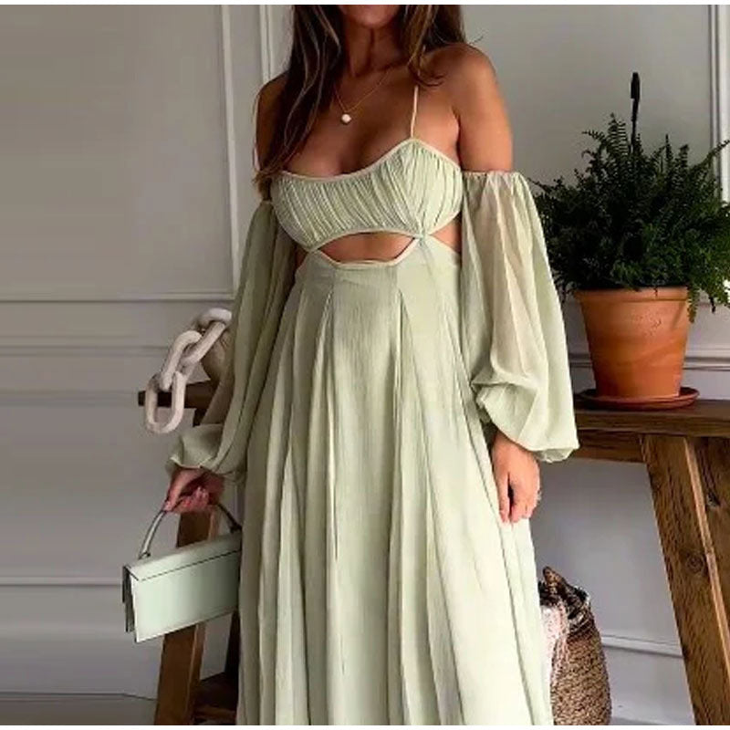 Elegant Long Sleeves A-line Robe Hollow Maxi Dress