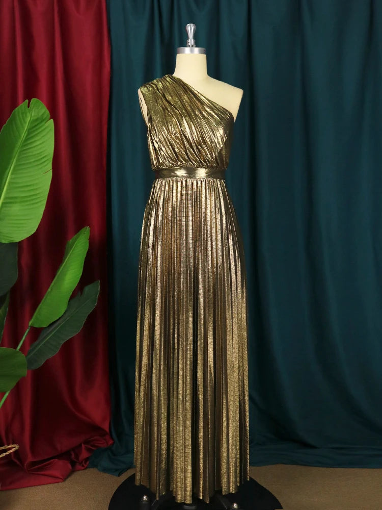 One Shoulder Gilding High Waist Pleated Evening Cocktail Dress