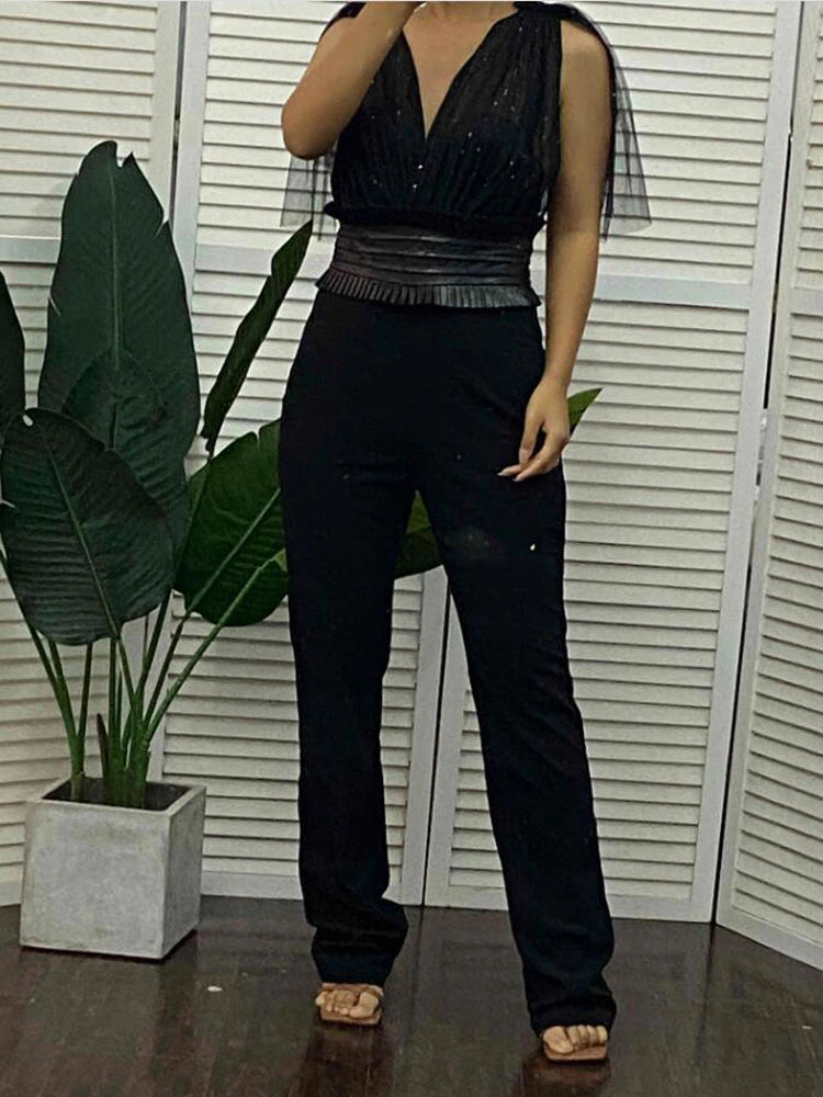 Glitter Mesh Deep V-Neck Patchwork Jumpsuit With PU Leather Belt