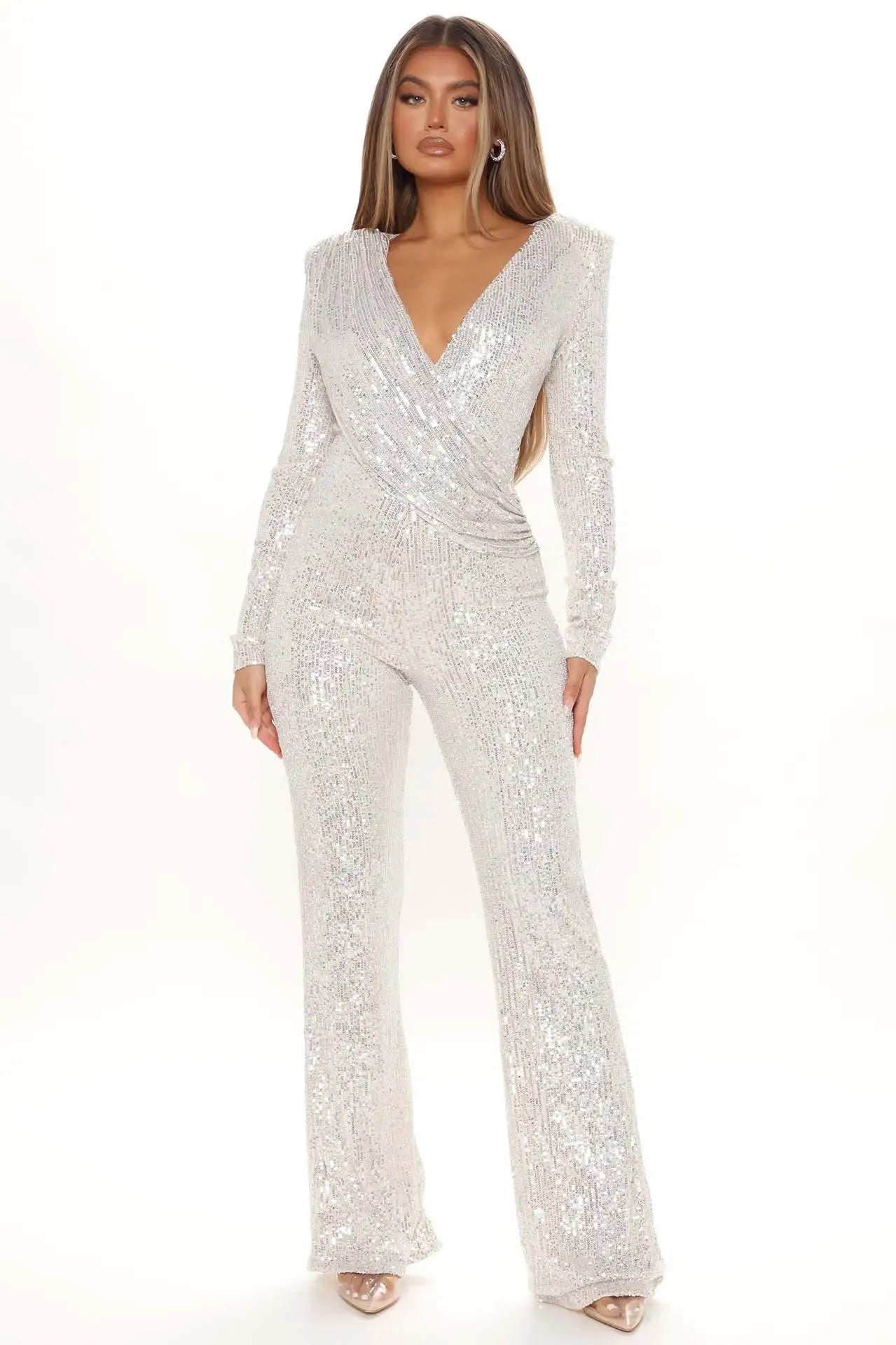 Sequined Deep V-Neck Full Sleeve High Waist Boot Cut Jumpsuit