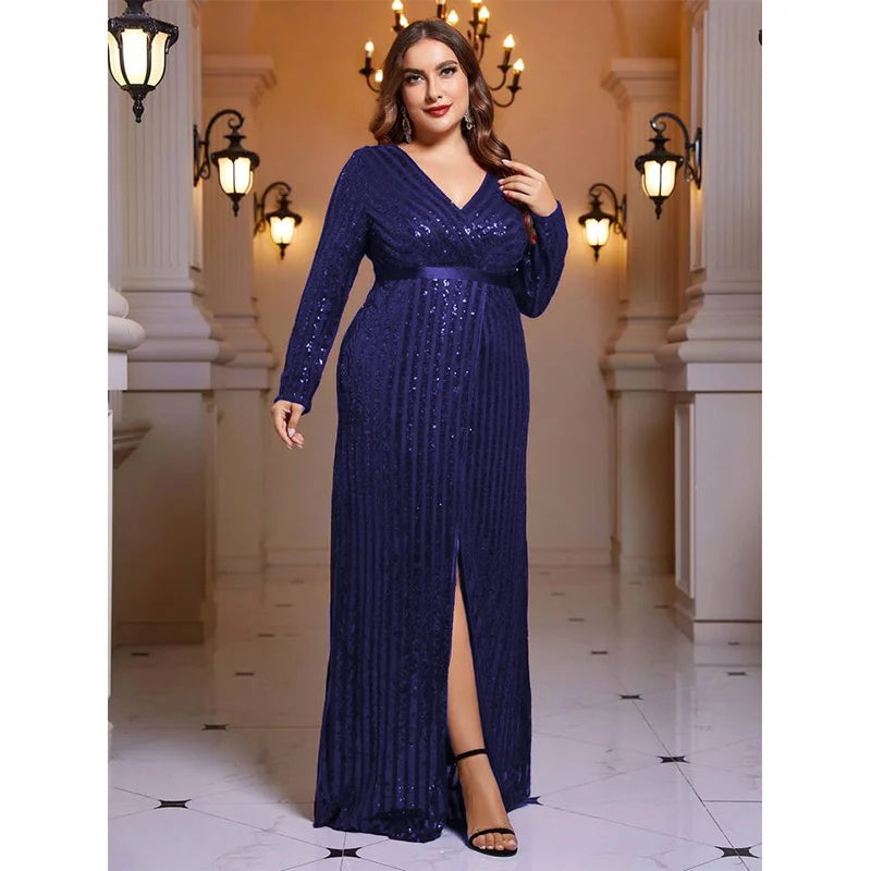 V-Neck Striped Sequined Long-Sleeved Slit Evening Dress