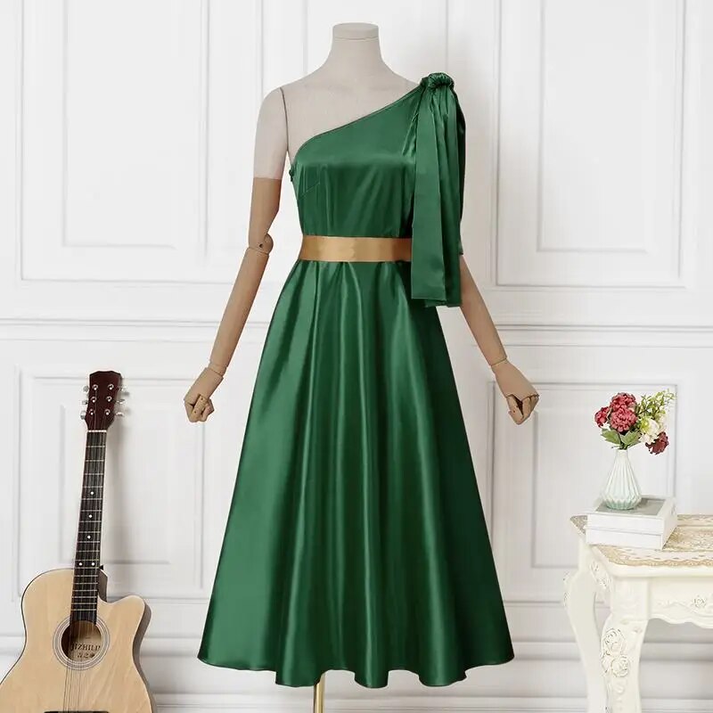 Off Shoulder Satin Belted Sleeveless Dress