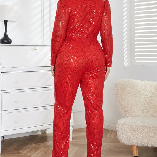 Sequins Lapel Long Sleeve Jumpsuit