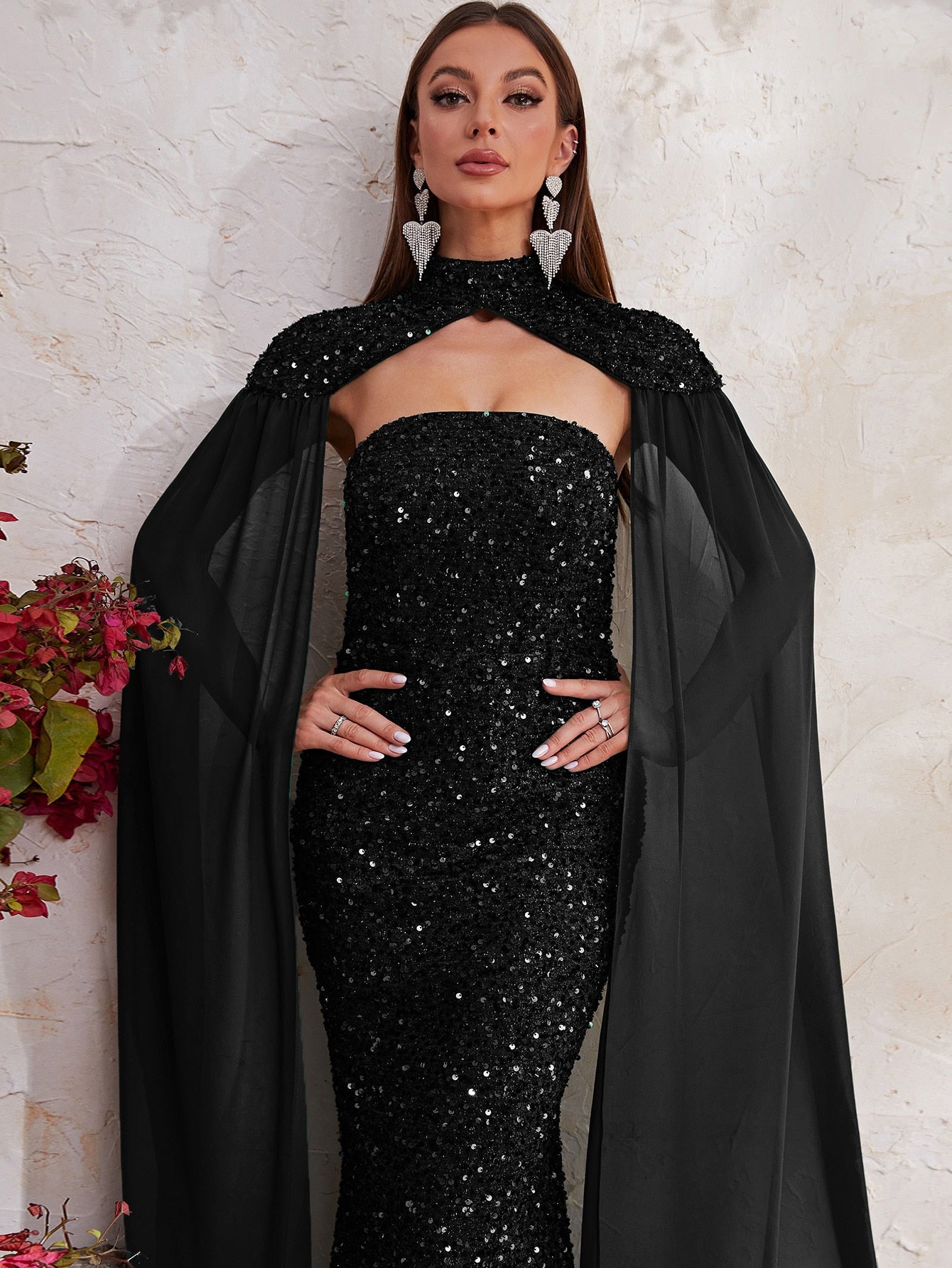 Shawl Sleeve Mock Neck Sequin Evening Dress