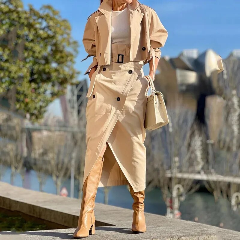 Two Piece Lapel Loose Long Sleeve Short Jacket Top And Skirt Set With Belt