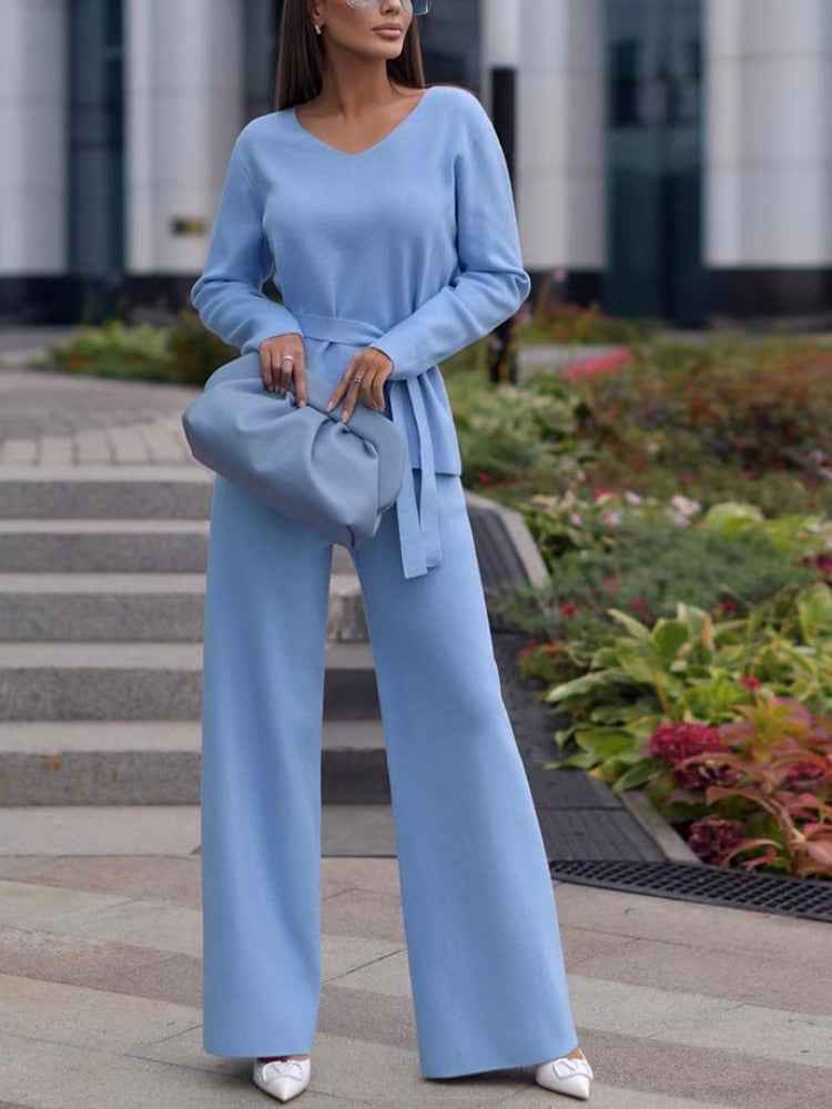 Knitted Sweater with Belt and Wide Leg Pants V-neck Two Piece Set