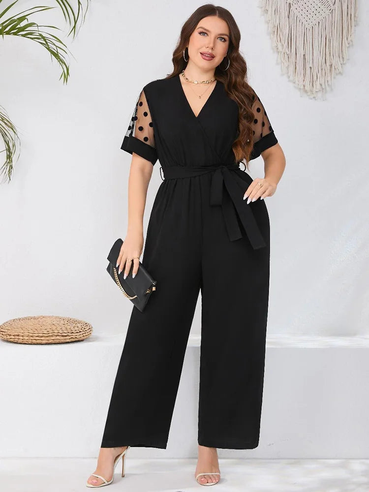 Mesh Sleeve Belted V-neck High Waist Jumpsuit