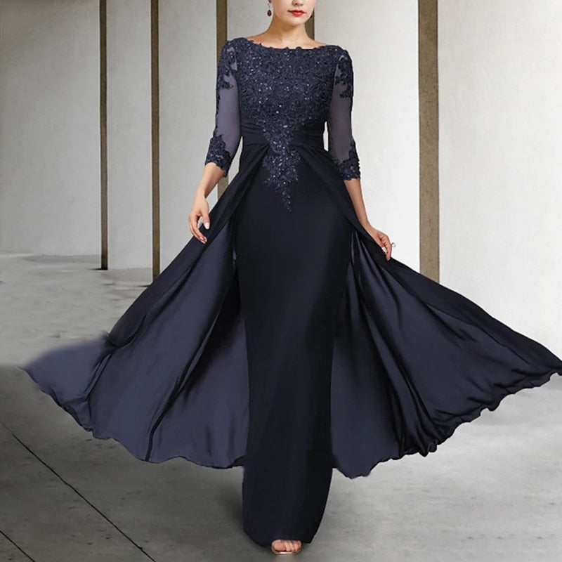 Long Elegant Chiffon Appliques Jewel Neck Floor Length Dress