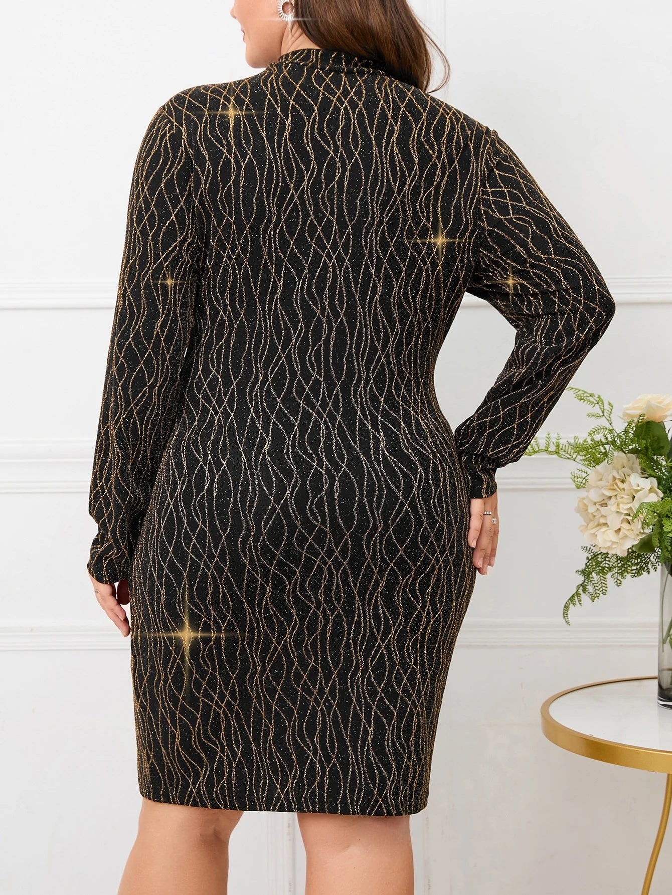 Elegant Stripe Long Sleeve Mock Neck Dress