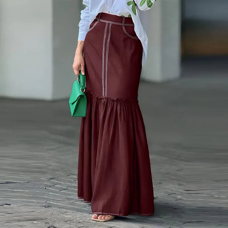 Vintage Denim High Waisted Fishtail Wrap Maxi Pleating Skirt